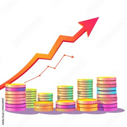 Business chart with arrow rising through coin stacks, Illustration of Financial Growth, Investment. Generative AI