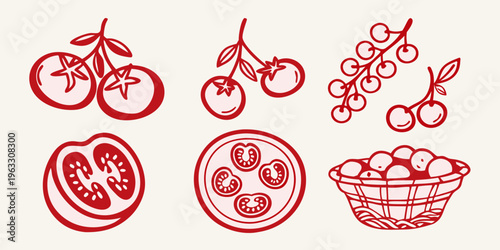 Stylized red tomato illustrations with varying forms and a woven basket
