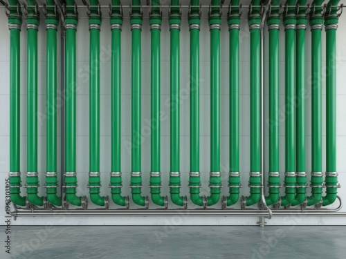 Vertical rows of green polypropylene (PPR) water pipes with heat-fused joints installed on a bright modern kitchen utility wall. Generative AI
