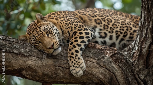 A leopard draped elegantly over a leadwood tree branch, piercing green eyes looking at the camera. Generative AI