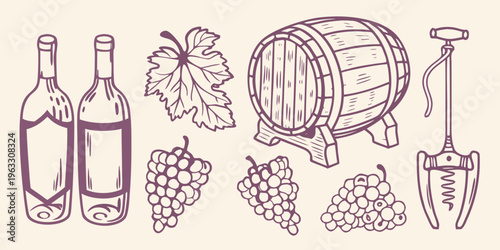 Wine themed sketch featuring barrels bottles grapes and a corkscrew
