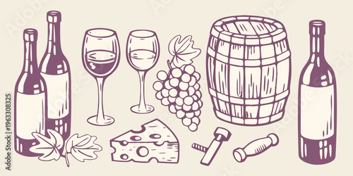 A vintage collection of wine bottles glasses cheese and grapes