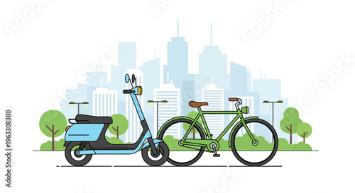 An illustration of a blue electric scooter and green bicycle on a city street.