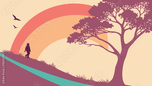 Minimalist Vector Illustration of a Person Walking in a Dreamy Landscape with Rainbow and Tree Silhouette