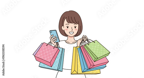 Woman holds colorful shopping bags and uses her smartphone with a happy expression.