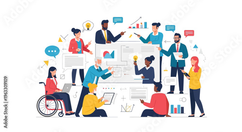 Diverse team collaborates on project with graphs and charts in office setting with technology.