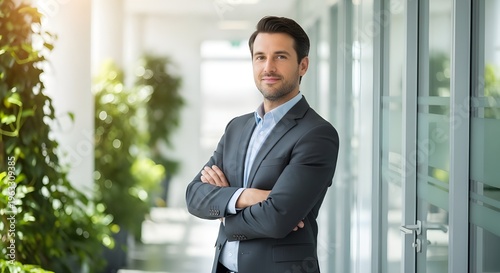 Feliz hombre ejecutivo propietario de una empresa gerente corporativo líder en el cargo, hombre de negocios sonriente y confiado, entrenador profesional, usa gafas, se encuentra con los brazos cruzado