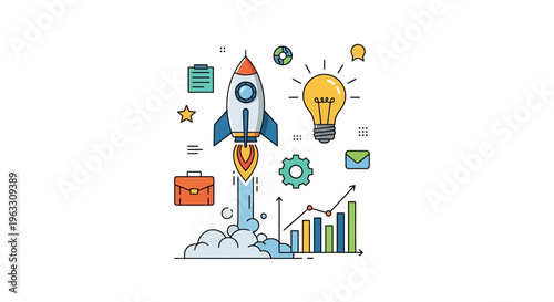 A rocket ship blasts off with business icons and graphs around it.