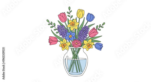 Vibrant bouquet of colorful flowers in a clear glass vase on a white background