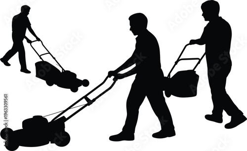 Silhouette of men professional gardeners using lawn mowers for backyard maintenance, landscaping, and gardening services