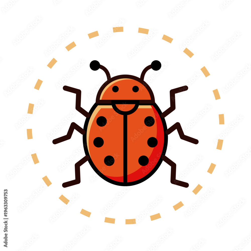 Obraz premium A simple cartoon-style illustration of a ladybug (red beetle with black spots) centered inside a dashed circular outline.
