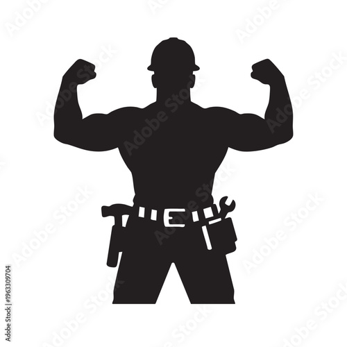 Cuadro en lienzo Strong construction worker silhouette flexing muscles and wearing tool belt for labor power