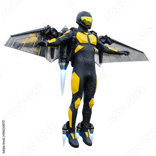 A futuristic jetpack-equipped superhero character in mid-flight against a dark background