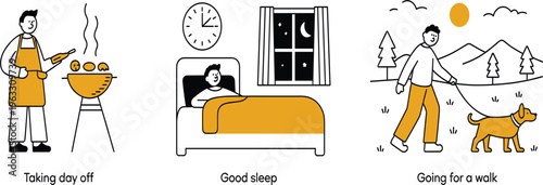 Set of healthy lifestyle illustrations, taking day off, good sleep and walking dog for wellness vector