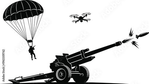Black silhouette of parachuter drone and cannon firing bullets