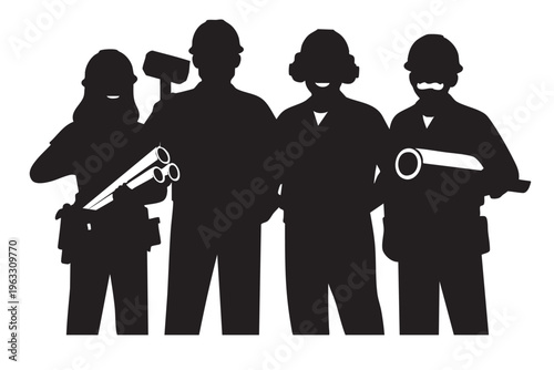Group of construction workers standing together silhouette for teamwork and partnership concept.