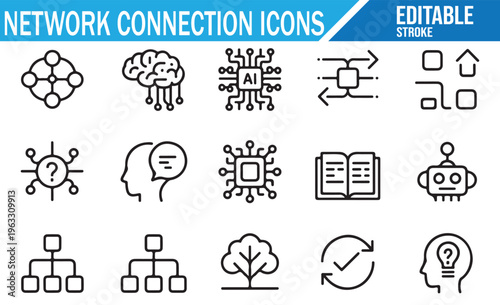 Hand drawn digital network icons with artificial intelligence and system symbols