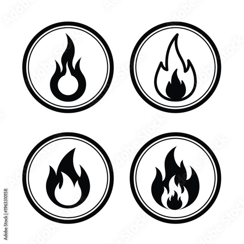 Collection of four distinct fire icons, each rendered in black silhouette within a white circular frame. Each flame varies in shape and intensity, enclosed by a thin black border.