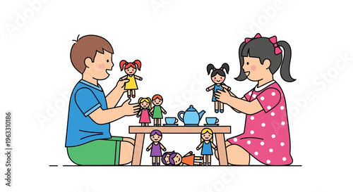 Children playing with dolls and tea set.