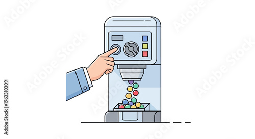 Hand operating a vintage gumball machine dispensing colorful candies.