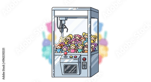 Illustration of a colorful claw machine filled with plush toys.