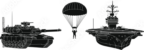 Black silhouettes of military tank aircraft carrier and parachuting soldier parachute