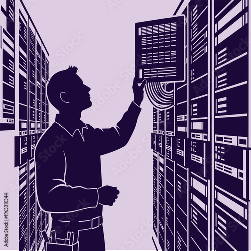 Data center technician silhouette working on server racks, IT engineer maintaining network infrastructure, professional system administrator vector illustration