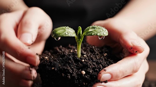 Hands gently cradling young seedling with water droplets