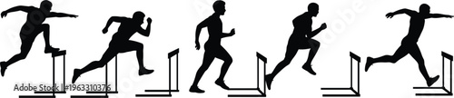 Silhouette of athletes jumping hurdles, man running and overcoming obstacles for sports and business success vector