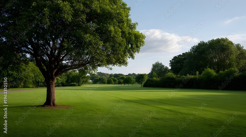 Fototapeta premium Lush green park landscape with a large tree casting shadows under a blue sky with clouds