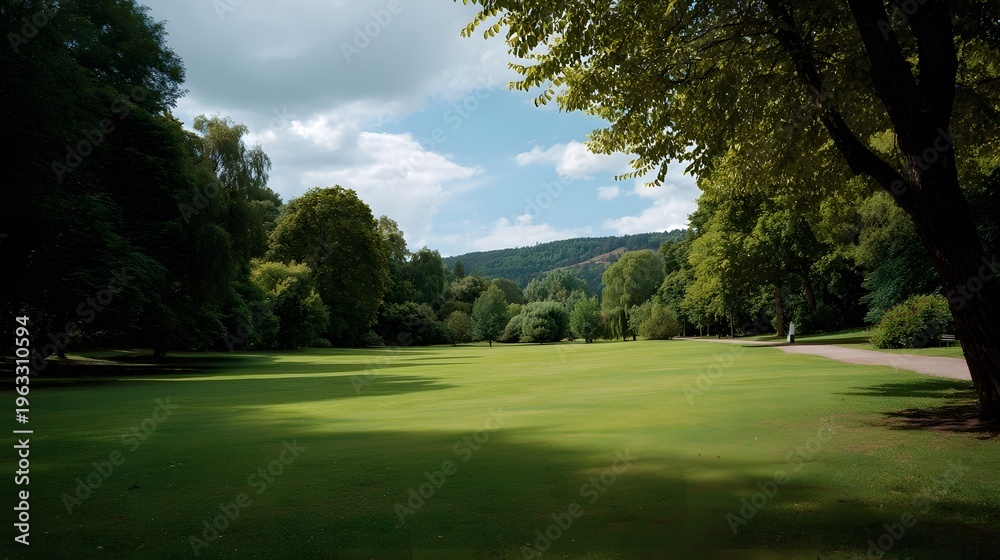 Fototapeta premium A vast manicured green lawn in a park with mature trees and a walking path under a bright cloudy sky and distant rolling hills