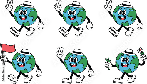 Retro cartoon earth character set, vintage rubber hose style globe mascots for environmental and ecology vector