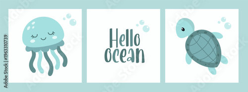 Ocean elements poster set with jellyfish shell and fish in minimal cartoon style