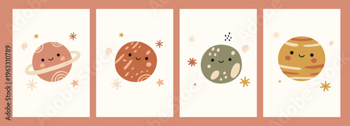 Cute planets characters illustration in soft pastel colors