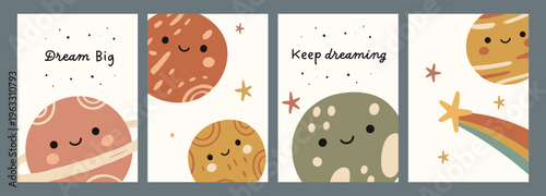 Cute planets posters illustration in soft pastel colors