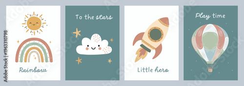 A set of cute posters with a phrase and illustrations featuring space elements