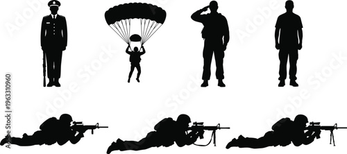 Black silhouettes of soldiers and a parachutist on white background military