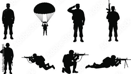 Black silhouettes of soldiers in various combat positions and actions military