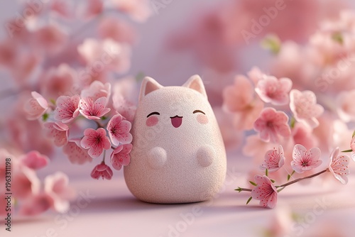 クレイアート風の白い猫と満開の桜が彩るパステルカラーの春背景イラスト