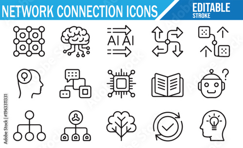 Doodle technology icons set featuring AI chatbot cloud and data connections