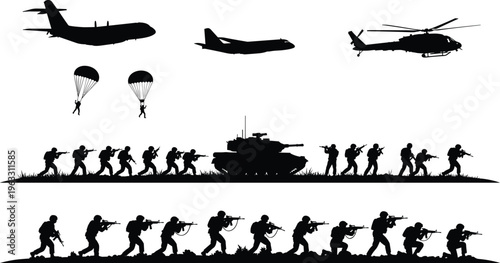 Black silhouettes of soldiers parachuting and marching with military vehicles and aircraft parachutes