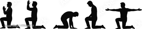 Silhouette of man in various kneeling poses expressing prayer, meditation, surrender, strength, and freedom in spiritual and emotional vector illustration