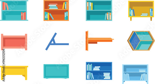 Colorful furniture including bookshelves and beds flat home decor