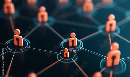 Social network concept of connected people icons in orange linked by lines on dark blue background.