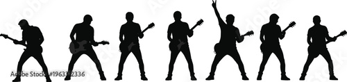 Silhouette of Rock Guitarist Playing Electric Guitar in Various Poses, Music Performance, Stage Energy, Rock Band, Live Concert Vector Illustration