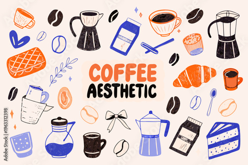 A colorful collection of coffee brewing equipment and associated treats