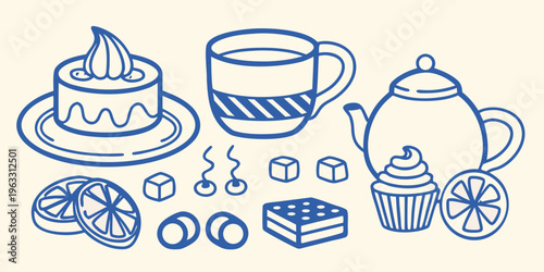 A blue line drawing depicts a charming assortment of desserts and tea
