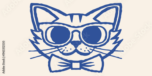 A cool cat wearing sunglasses and a bow tie illustrated in blue