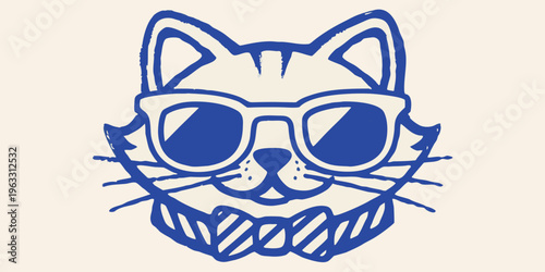 Cool cat wearing sunglasses and a bow tie illustrated in blue