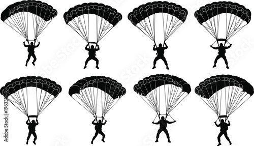 Eight black silhouettes of skydivers with open parachutes on white background